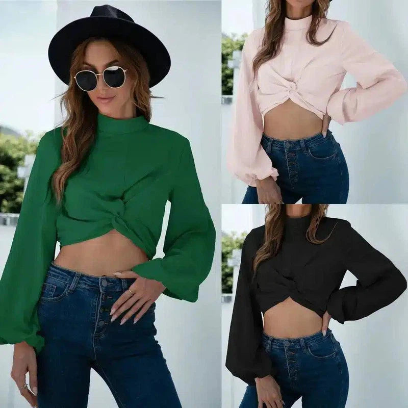 Womens Knotted Crop Top Long Sleeve-1