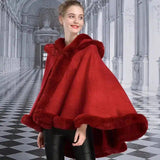 Double-layer Hooded Cloak Rex Rabbit Fur Collar-Wine Red-4