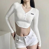 Women's Ribbed Crop Top with Button Detail-White-1