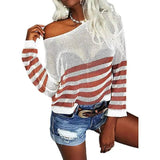 European And American Stripes See-Through Round Neck-White-2