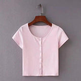 Women's Buttoned Crop Top T-Shirts-Pink-4