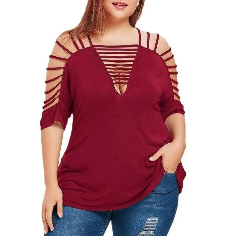 Women's Strappy Cutout Sleeve Casual Top-Wine Red-2