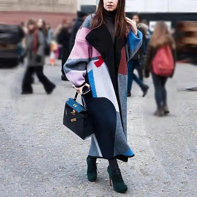 Fashion color block lapel digital print coat-Photo Color-1