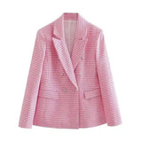 Women's Tweed Double-Breasted Blazer Jacket-Pink-1