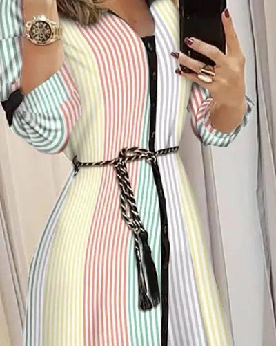 Fashion Printed Lace-Up Check Dress-Stripe Printing-2