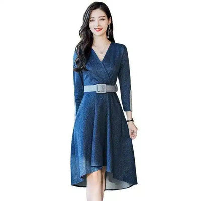 Elegant V-Neck Belted Midi Dress-Blue-2