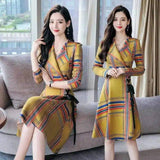 Plaid Belted A-Line Dress with Long Sleeves-Huang Ge-2