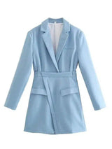 Women's Belted Trench Coat with Notch Lapels-Blue-1