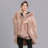 LOVEMI - Lovemi - Faux Fox Fur Collar Fur Hooded Knit Cardigan Cape