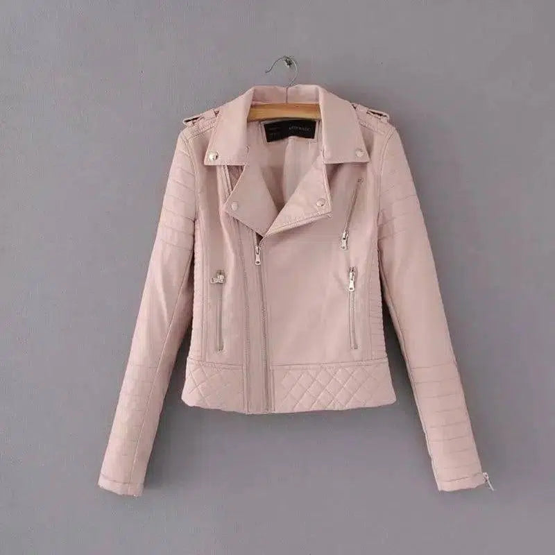 Women's Faux Leather Biker Jacket-Pink-3