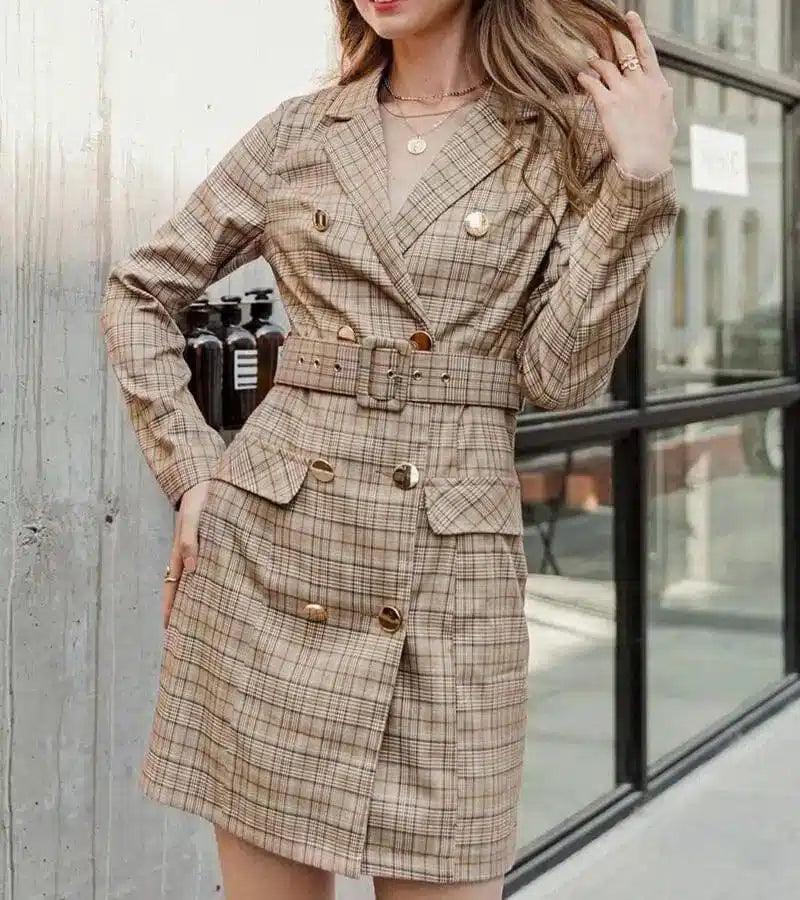 LOVEMI - Lovemi - Female Temperament Suit Collar Plaid Dress