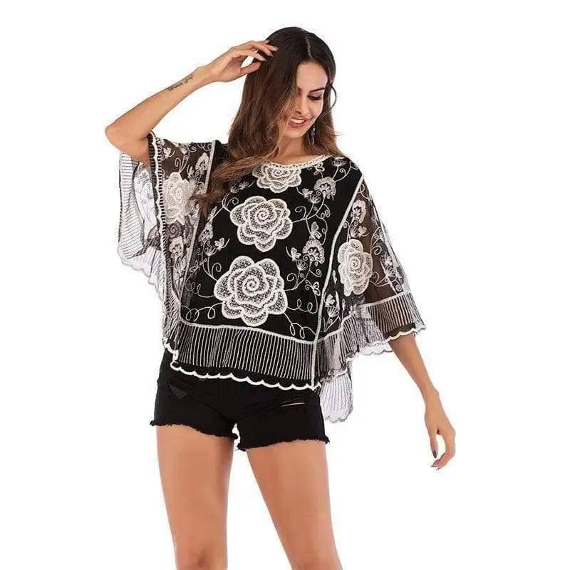 Women's Floral Poncho Top with Fringe Detail-1