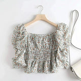 Women's Floral Smocked Puff Sleeve Top-Beige-3