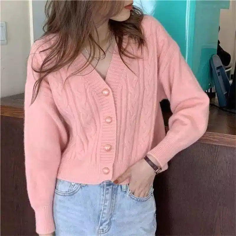 Women's V-Neck Cable Knit Cardigan Sweater-Pink-2