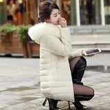 Fur collar mid-length thick down cotton-Beige-3