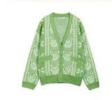 Knit Patterned Cardigan with Button Closure-Green-2