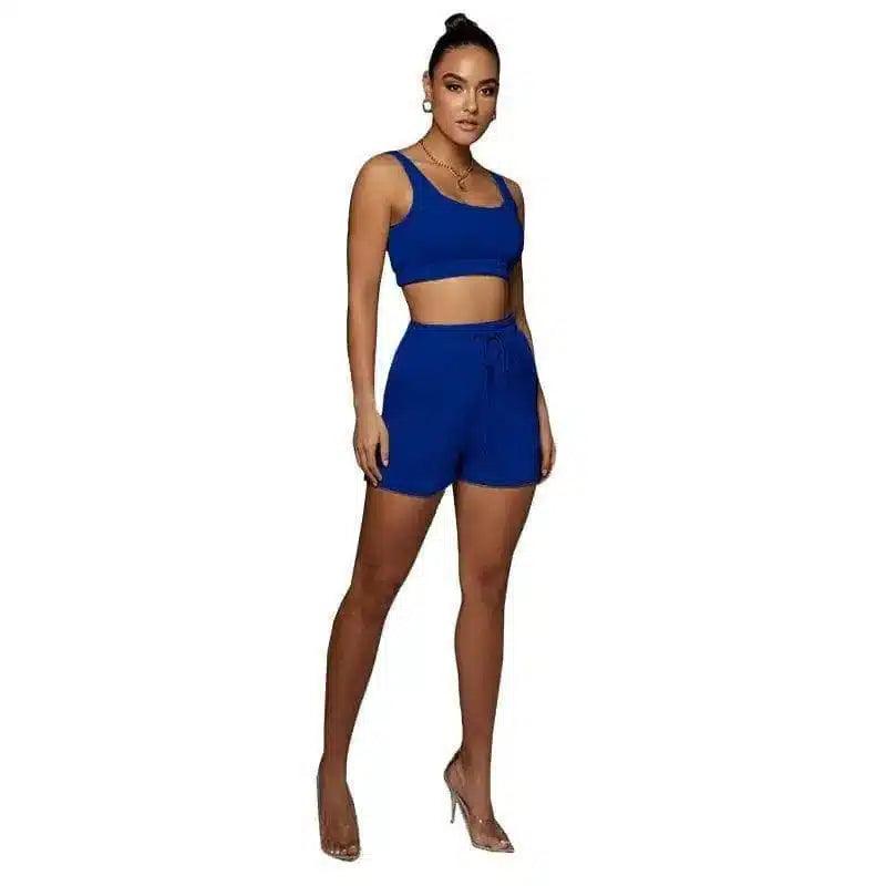 Women's Crop Top and Shorts Set-Blue-3