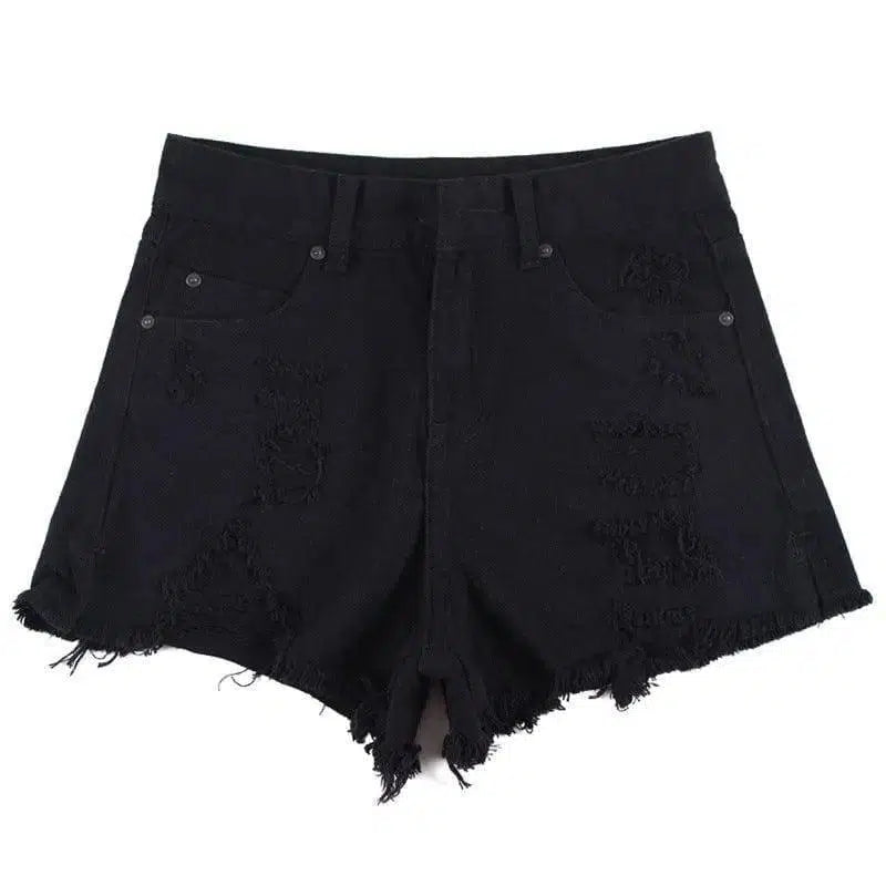 High Waist Ripped Denim Shorts-Black-15