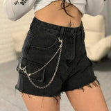 High-waisted jeans chain wide-leg raw shorts-Black-12