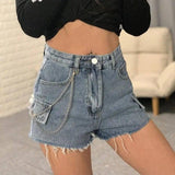 High-waisted jeans chain wide-leg raw shorts-Blue-14