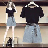 Women's V-Neck Tee & Denim Skirt Set-1