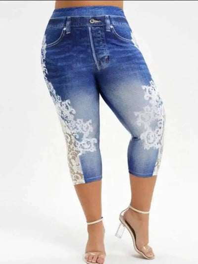 LOVEMI - Lovemi - Imitation Denim Lace Stitching Print Leggings