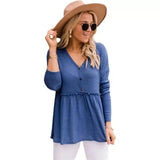 Womens V-Neck Buttoned Tunic Top-Blue-6