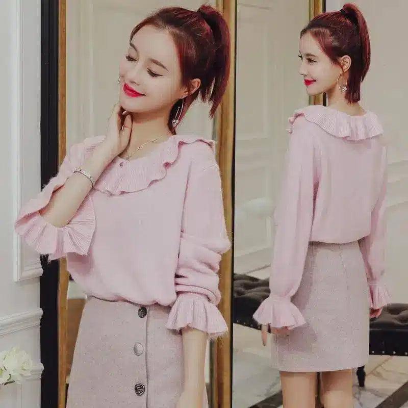 Ruffled Collar Knit Sweater with Bell Sleeves-Pink-2