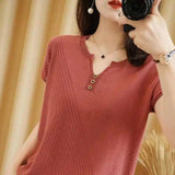 Women's Short Sleeve Knit Top with Button Detail-Red-1