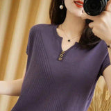 Women's Short Sleeve Knit Top with Button Detail-Purple-2