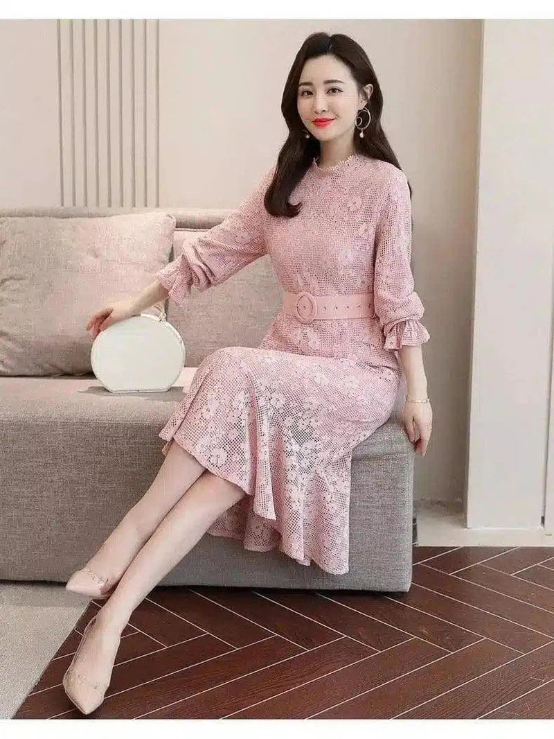 Elegant Lace Midi Dress with Belted Waist-Pink-2