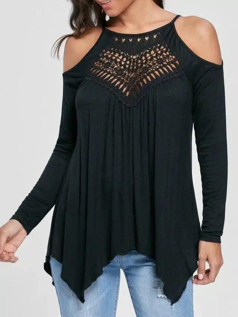 Women's Cold Shoulder Long Sleeve Top-Black-2