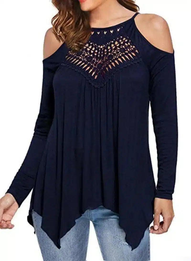 Women's Cold Shoulder Long Sleeve Top-Dark Blue-7