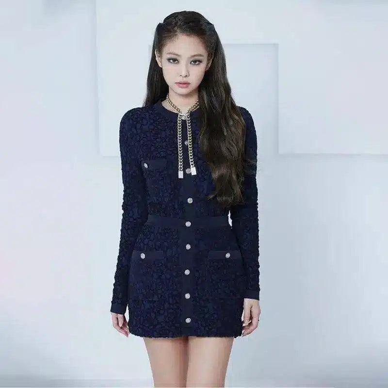 Elegant Lace Mini Dress with Long Sleeves-Blue-1