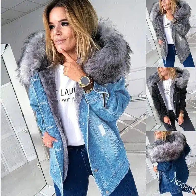 Fluffy Denim Jacket with Faux Fur Hood-1