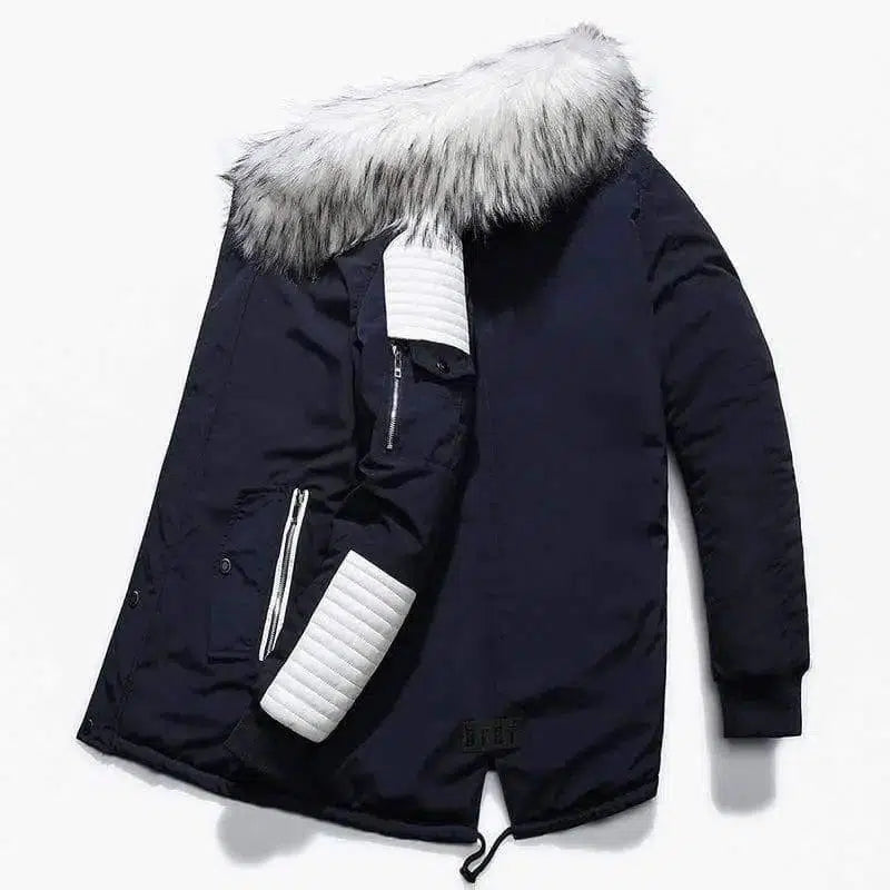 Large fur collar men's long cotton coat thick men's long-Blue matching white-2