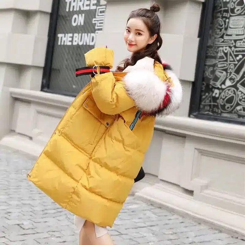 Large fur collar mid-length down jacket-Yellow-2