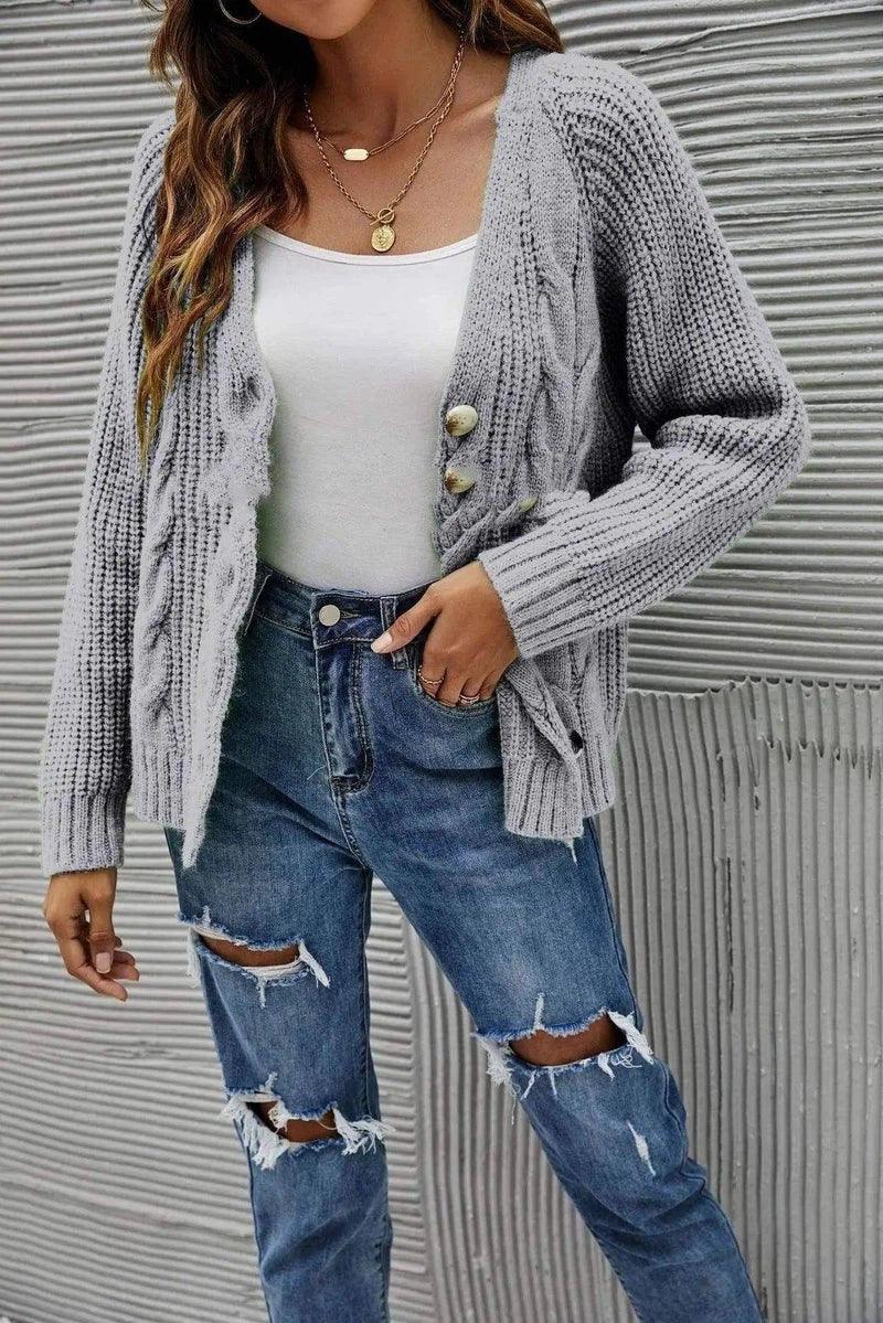 Women's Knit Cardigan Sweater Button-Up-Grey-4