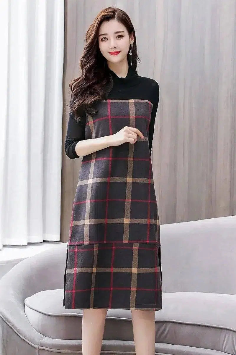 Lattice fashion trend stitching temperament medium-length-Red grid-3