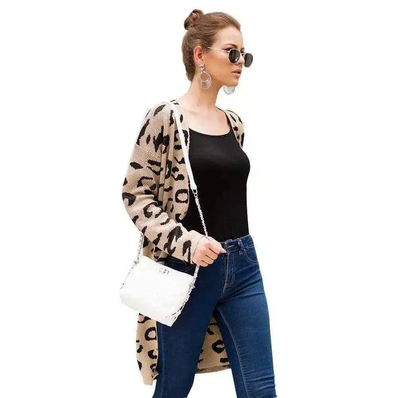 Women's Leopard Print Long Cardigan-Khaki-1