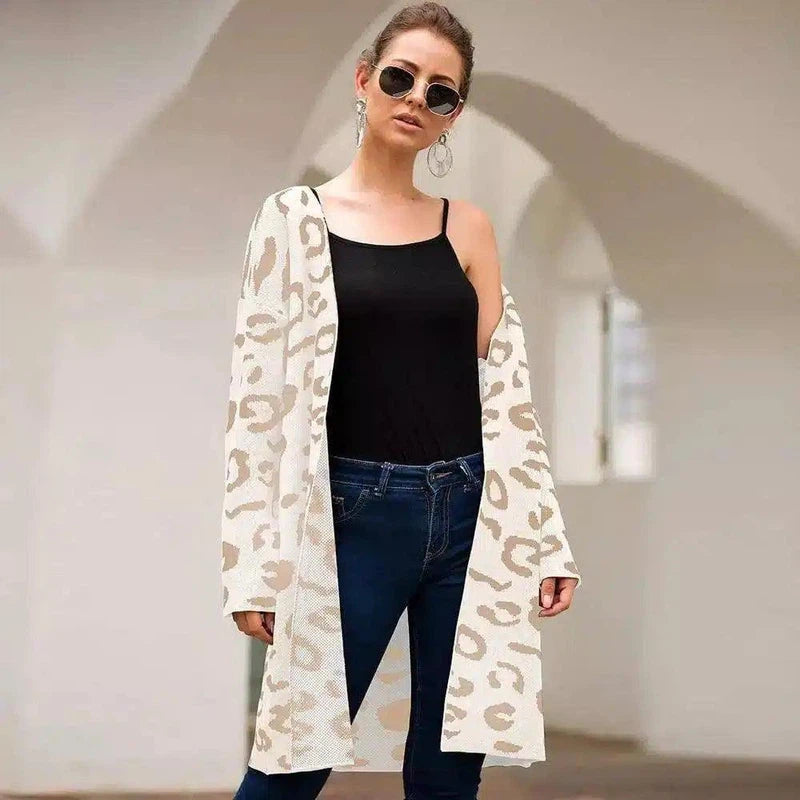 Women's Leopard Print Long Cardigan-Beige white-2