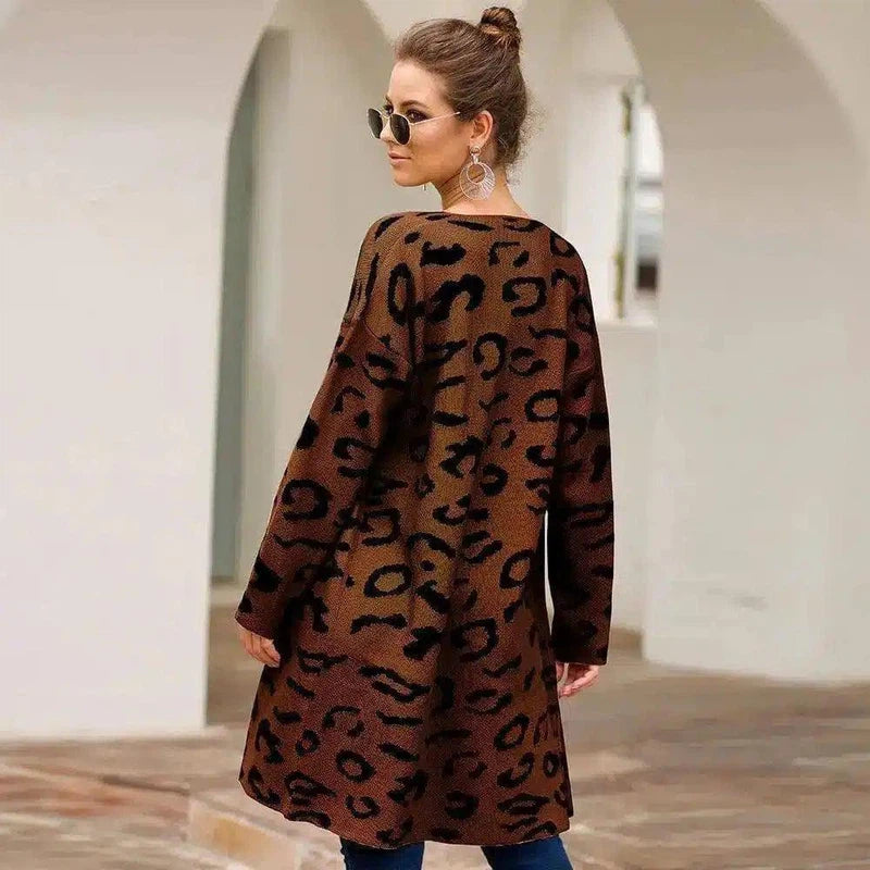 Women's Leopard Print Long Cardigan-Coffee-3