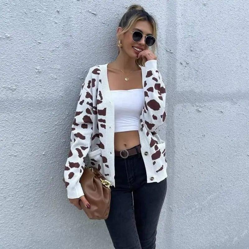 Leopard Print V-Neck Knitted Sweater Coat-Khaki-1