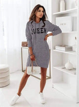 Long Sleeve Hooded Letter Sports Casual Dress-Grey-3