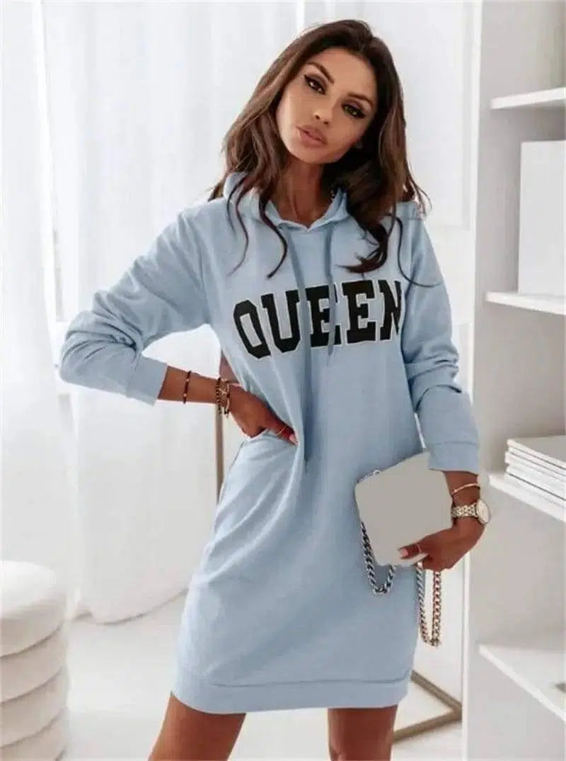 Long Sleeve Hooded Letter Sports Casual Dress-Blue-6