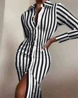 Long-sleeved Waist Printed Shirt Dress-Black strips-6