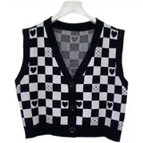 Knitted Checkerboard Vest with Button Front-Heart check vest-1