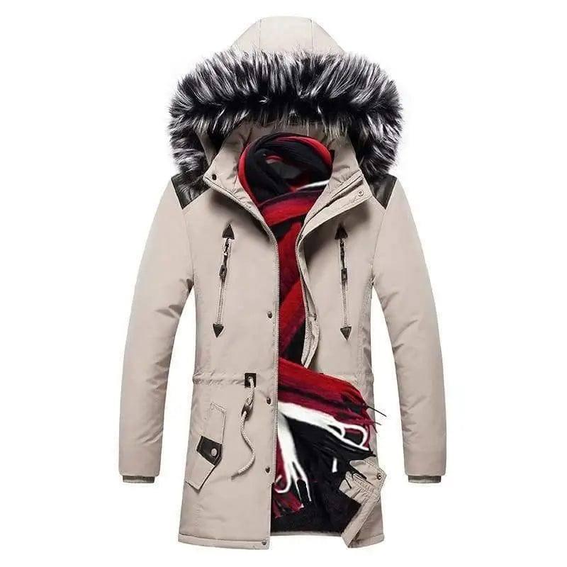 Men's fur collar hooded down jacket-KhakiB-12