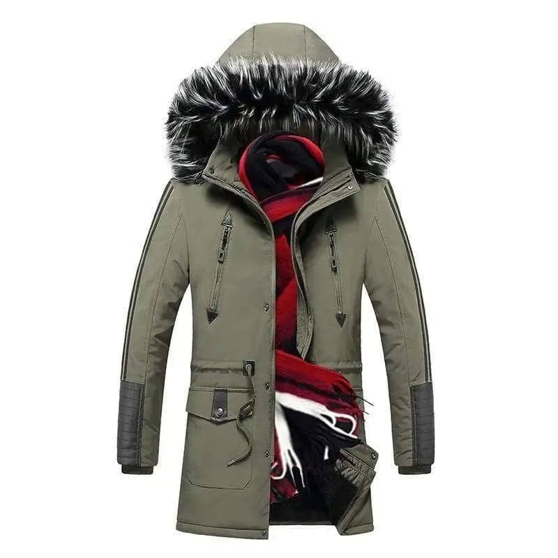 Men's fur collar hooded down jacket-GreenA-9