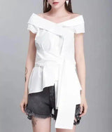 Off-Shoulder Bow Waist Blouse for Women-White-3